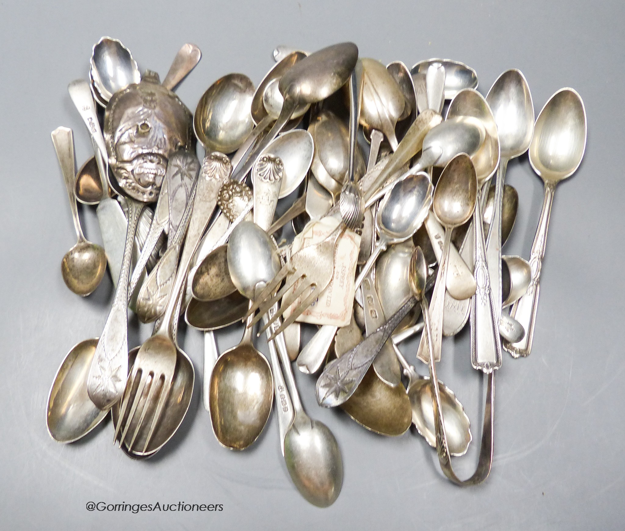 A small collection of 19the century and later silver small flatware, etc, including sterling and a set of six George III Irish teaspoons by James Keating
